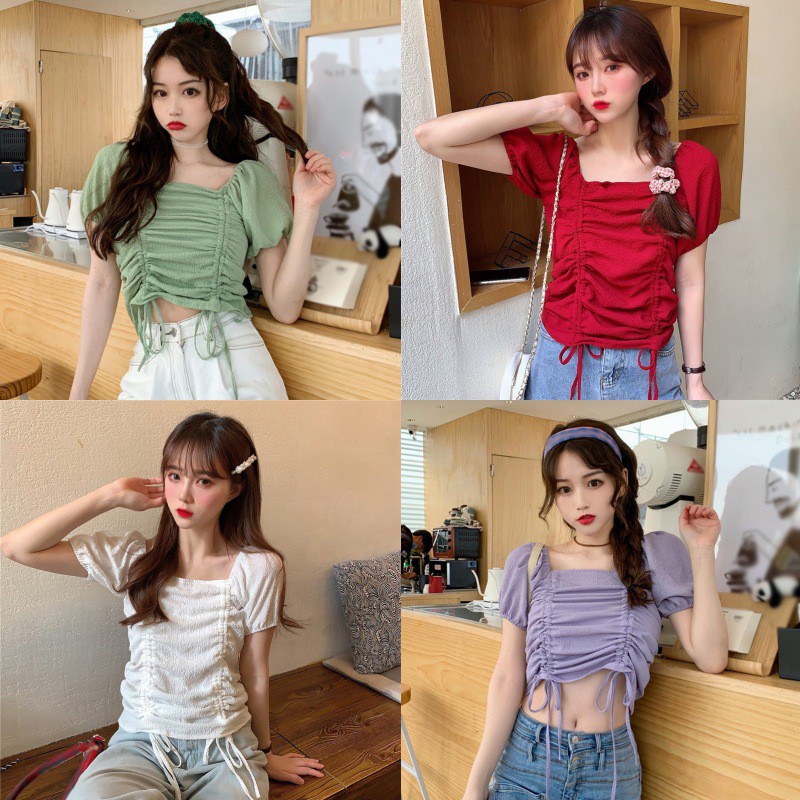Áo Kiểu Tay Ngắn Cổ Vuông Phối Dây Rút Thời Trang Dành Cho Nữ