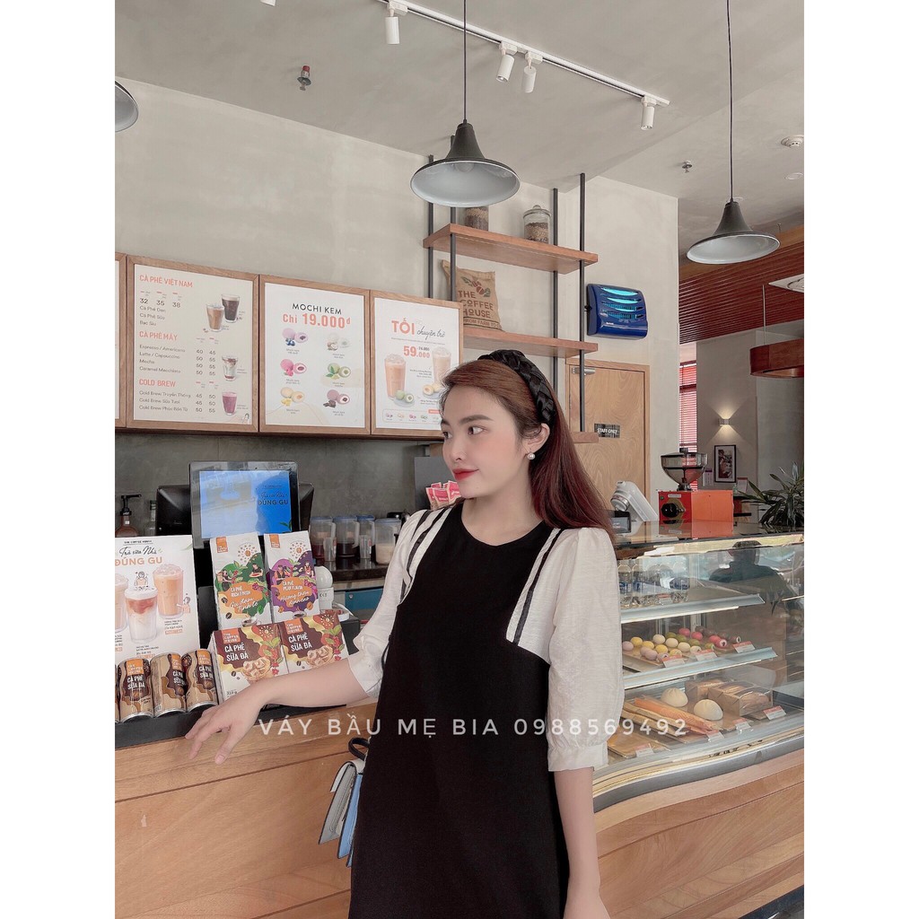 Váy bầu bigsize - Đầm bầu thiết kế GuMe màu ĐEN ĐƯỜNG VÂN TRẮNG TAY  TRẮNG dáng suông chất vải sạn lụa sz 40-100kg MB237
