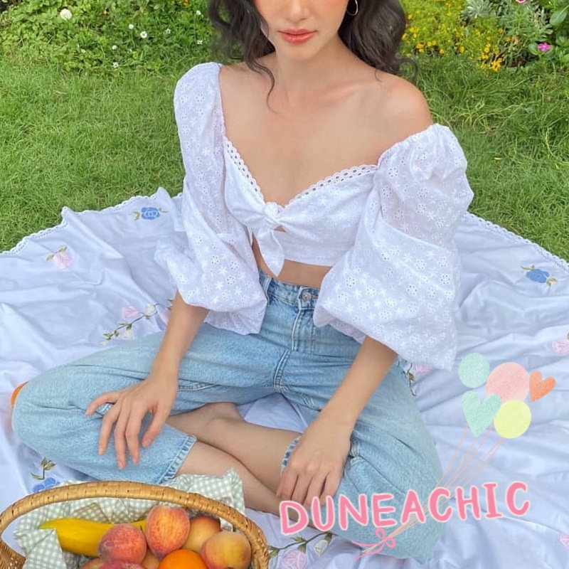 DUNEA Áo Croptop Tay Phồng Dài Dáng Rộng Thời Trang Xinh Xắn Cho Nữ