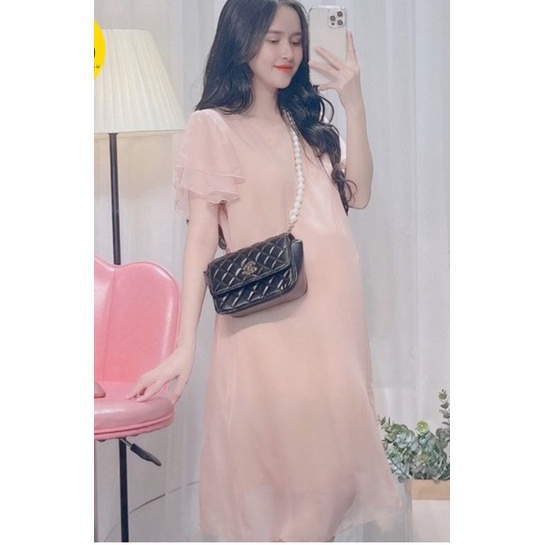 Váy bầu voan xinh xinh,Đầm bầu công sở, dự tiệc, voan hồng 2 lớp sang trọng, tay phồng 2 tầngFREESHIP