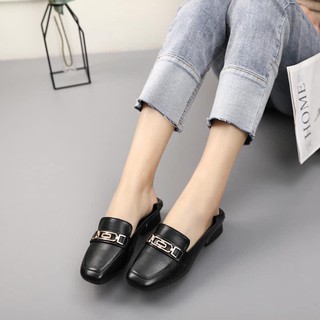 Giày da đen mũi tròn , giày lười nữ chất mềm đẹp