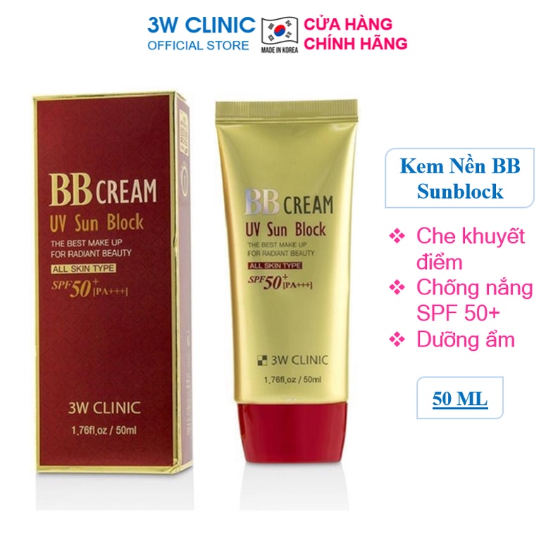 Kem nền trang điểm che khuyết điểm chống nắng BB Cream UV Sun Block 3W Clinic Hàn Quốc 50ml