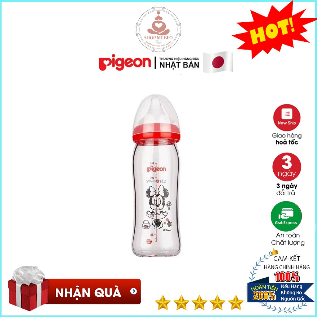 Bình Sữa Nội Địa Thủy Tinh Pigeon Cổ Rộng Cao Cấp 160ml/240ml Mẹ Beo