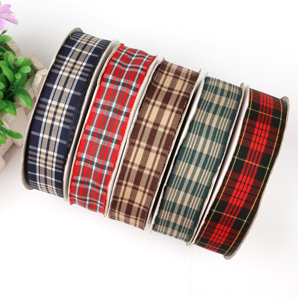 Cuộn dây ruy băng rộng 2.5cm dài 5yd họa tiết caro đa dạng dùng trang trí giáng sinh/ làm đồ thủ công/ gói quà