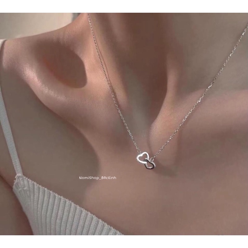 Dây Chuyền nữ Bạc ta, Dây liền mặt 2 trái tim lồng viền đá. Thời trang phong cách, quyến rũ lôi quấn- Nomi Shop Bạc Xinh