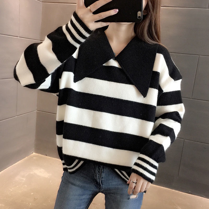 Áo Sweater Cổ Bẻ Dáng Rộng Họa Tiết Kẻ Sọc Thời Trang Mùa Đông 2022 Mới Trẻ Trung Cho Nữ