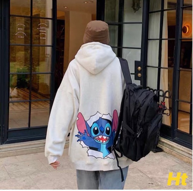 Áo hoodie nỉ mũ in Stitch chó tài thỏ xanh