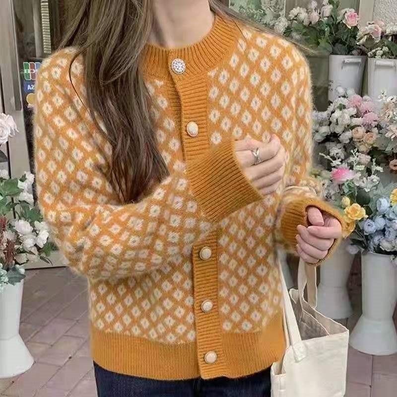 Áo Khoác Cardigan Dệt Kim Cổ Chữ V Màu Xanh Lá Phong Cách Retro