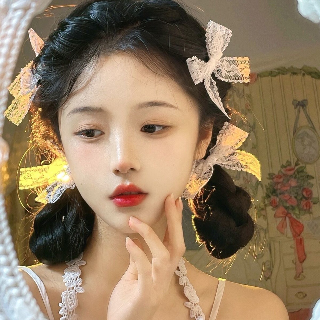 Kẹp Tóc Nơ Vải Ren Màu Trắng Phong Cách Lolita