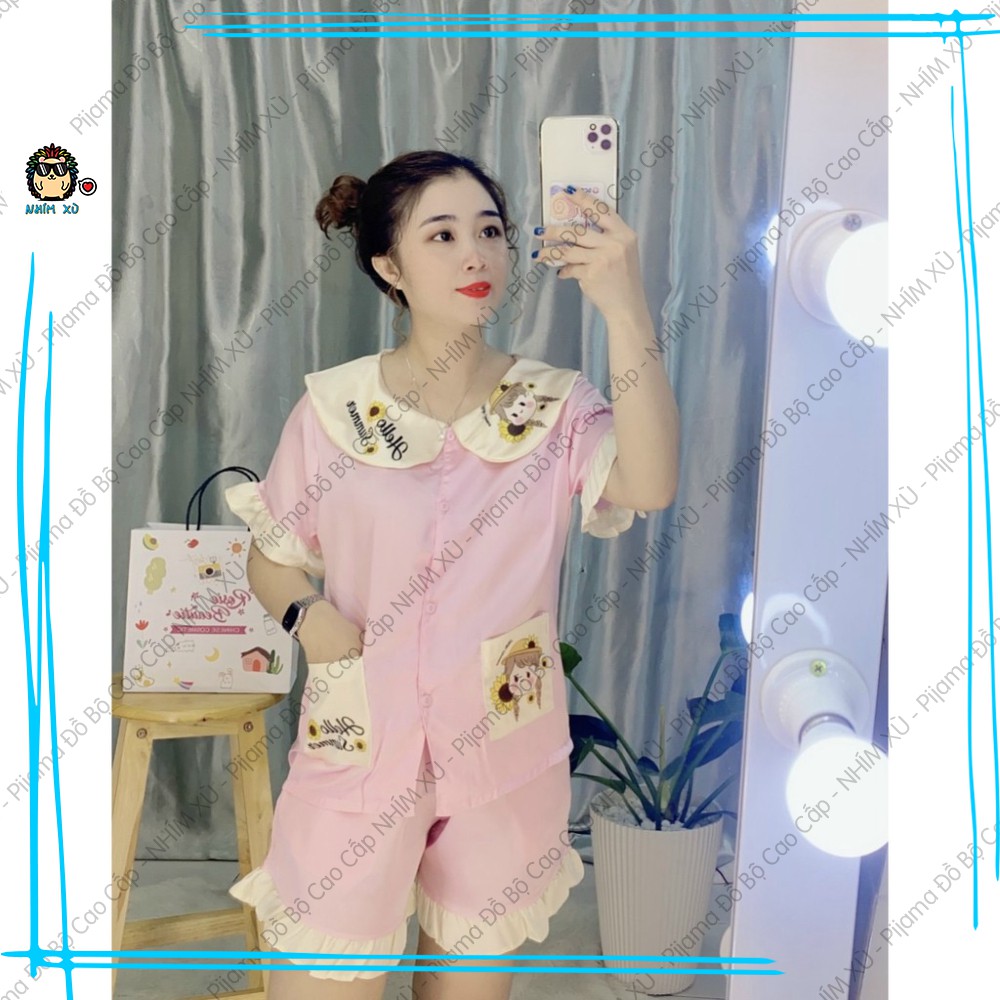 Đồ Bộ Ngủ Pijama Mặc Nhà Vải Satin Cao Cấp Cổ Bèo Tay Phồng Hello Summer Quần Đùi Áo Tay Ngắn | BigBuy360 - bigbuy360.vn
