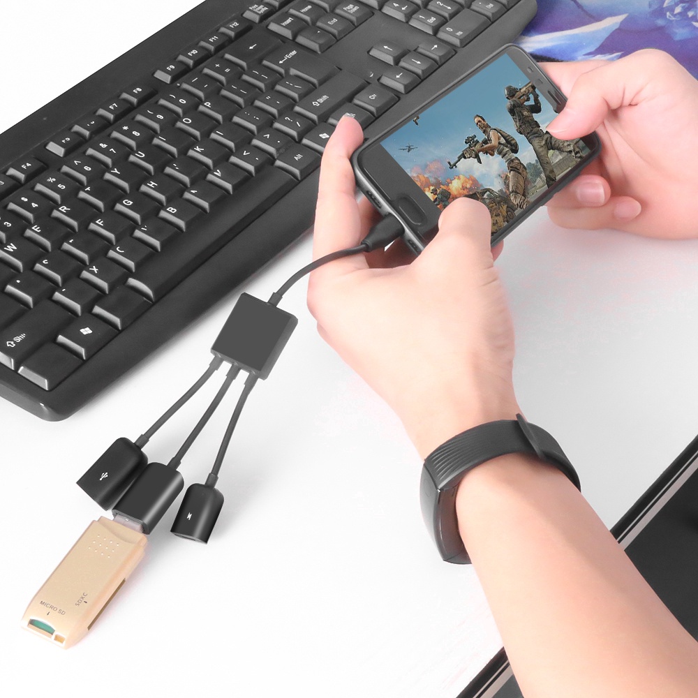 Cáp OTG USB Type C 1 ra 2 đầu USB, 1 đầu micro USB chất lượng cao,kết nối chuột, phím, thiết bị,...