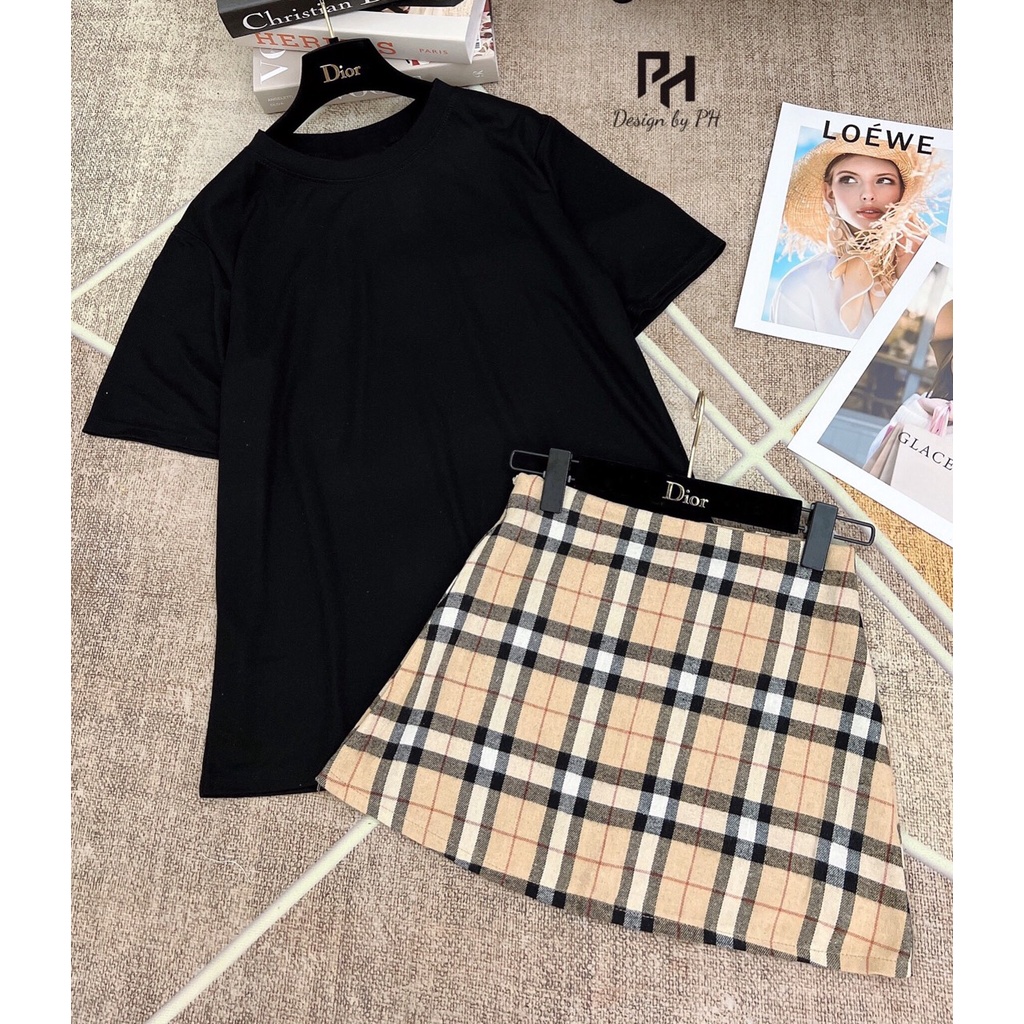 Set áo thun mix chân váy kẻ siêu hot
