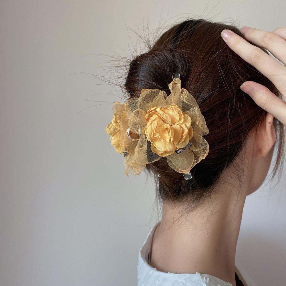 VANES1 Kẹp Tóc Càng Cua Đính Hoa Vải Lưới Kiểu Hàn Quốc Dễ Thương Cho Bạn Gái