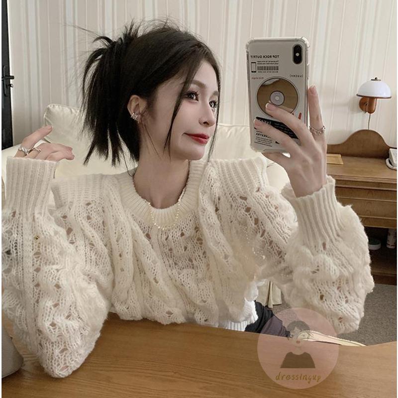 Áo Dệt Kim Tay Phồng Dài Cổ Tròn Thời Trang Cho Nữ