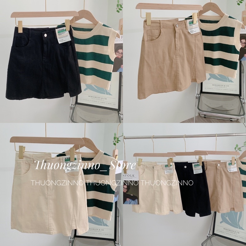 [Ảnh thật/Video ]Chân váy chữ A cạp chéo gắn tag da FROM loại 1 Chân váy  chất kaki hai da hàng Quảng Châu