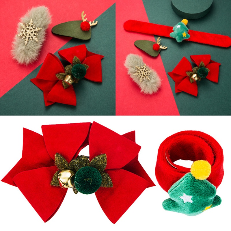 Set 4 Kẹp Tóc Họa Tiết Hoạt Hình Giáng Sinh Kèm Vòng Đeo Tay &amp; Kẹp Tóc Hình Hoa Tuyết / Hươu / Hươ