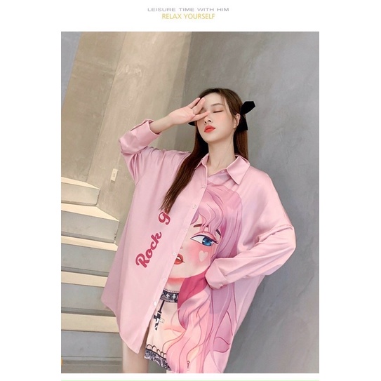 Đầm ngủ sơ mi in hình cô gái tóc mây lụa satin cao cấp quảng châu