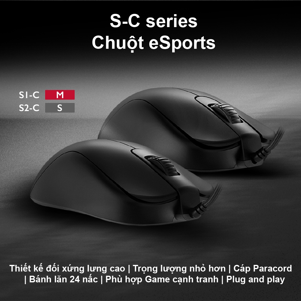 Chuột gaming Esports BenQ ZOWIE S1-C (M) cảm biến 3360 với cáp Paracord, bánh lăn 24 nấc