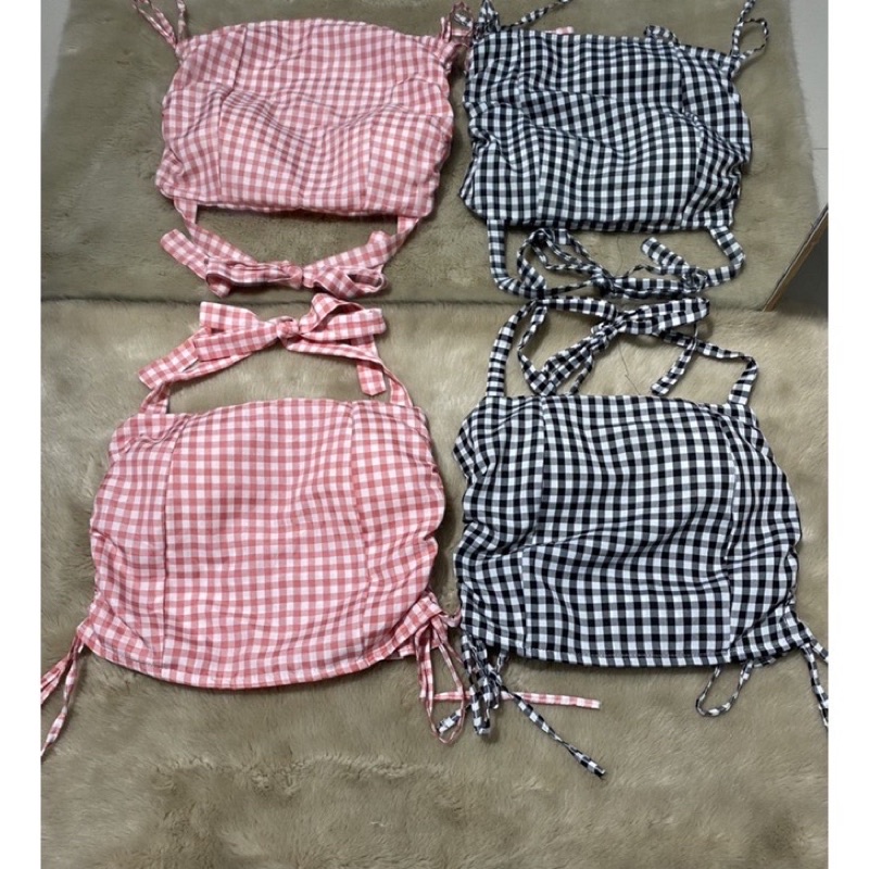 Áo croptop nữ kiểu cột nơ rút dây ca rô siêu hót (có mút ngực)