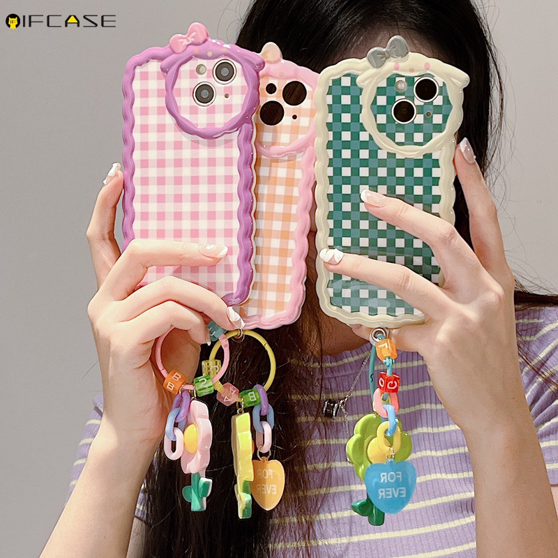 Ốp Điện Thoại Dẻo Họa Tiết Hoạt Hình Hoa / Nơ / Sọc Caro Kèm Vòng Tay & Dây Đeo Cho iPhone 13 12 11 Pro Max
