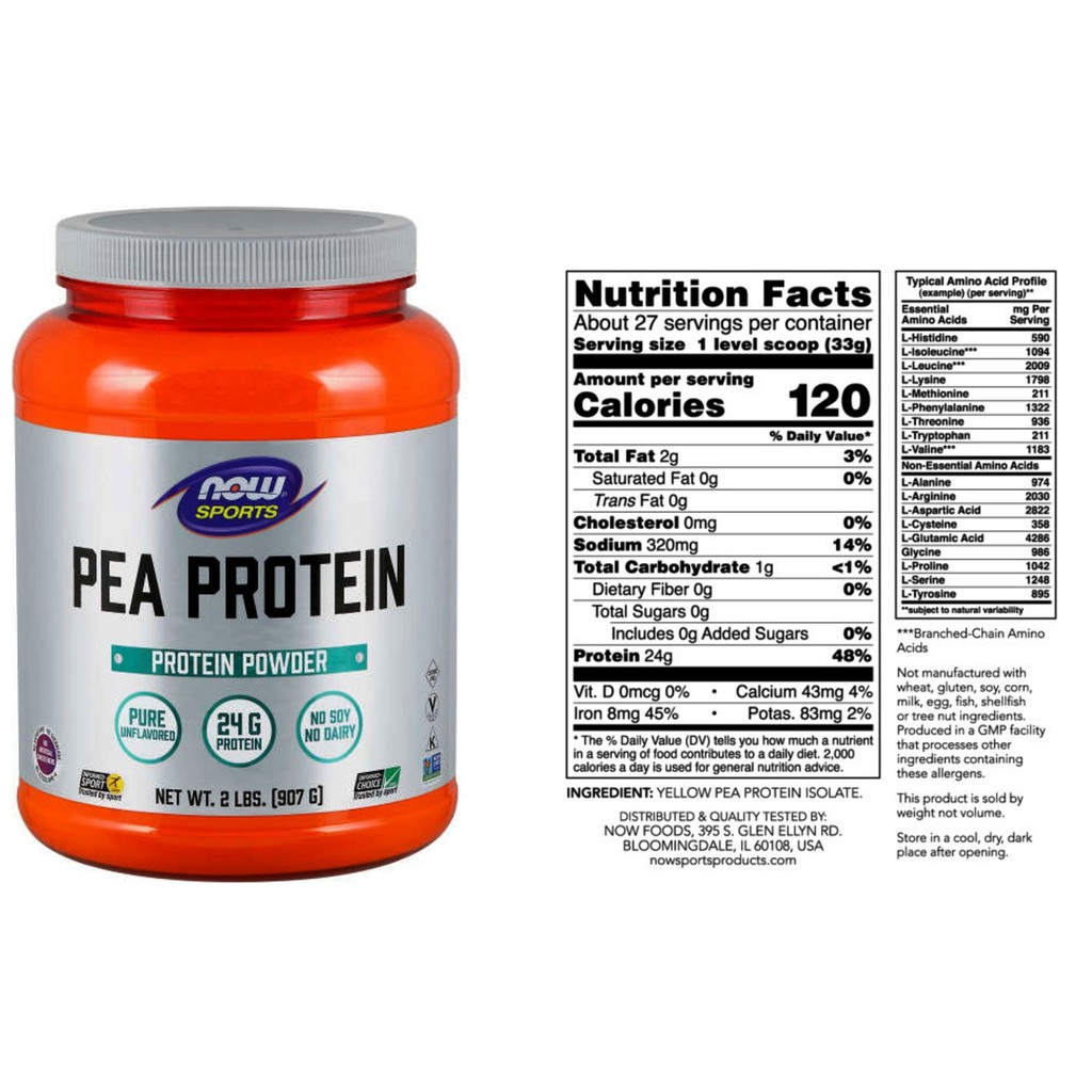 Thực phẩm bảo vệ sức khỏe Now sports Pea protein cấp protein cho người luyện tập thể thao có chế độ ăn chay hộp 907 Gram