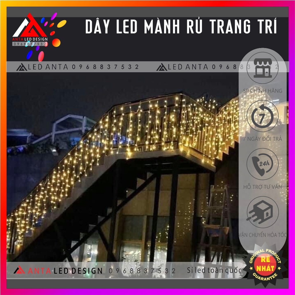 Đèn led mành thả rủ  trang trí sảnh, ban công, decor chống nước 6m 24 sợi - 12m 51 sợi có giác nối tiếp