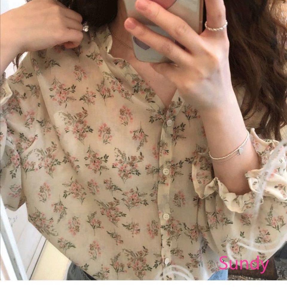 Áo Sơ Mi Chiffon Cổ Chữ V In Hoa Phong Cách Hàn Quốc Thời Trang Mùa Hè Plus Size Dành Cho Nữ