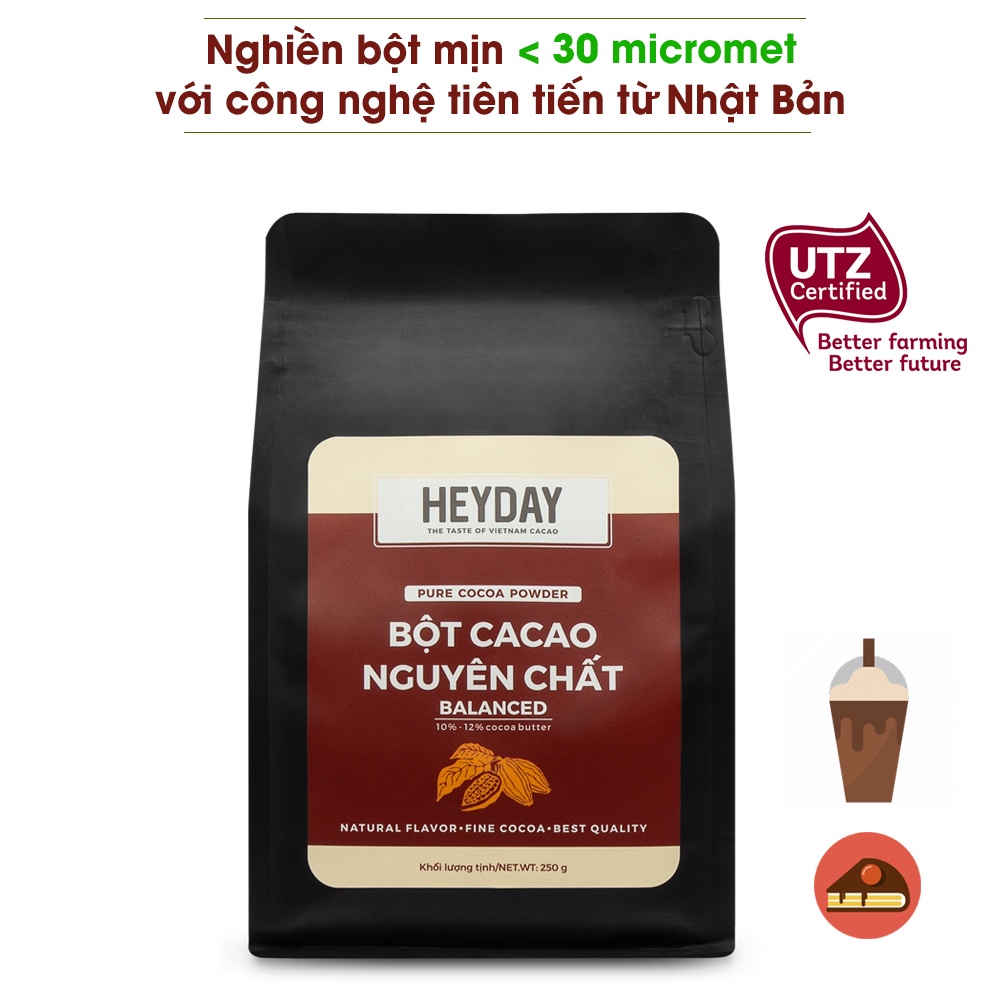 Thức uống Cacao nguyên chất HEYDAY dòng Balanced 250g- Vị đắng đậm, hỗ trợ giảm cân, chế độ Keto, Healthy, Low- card