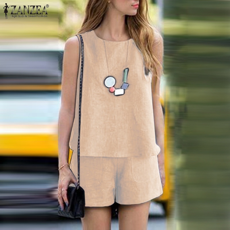 Zanzea Set Áo 2 Dây + Quần Short Trơn Màu Thời Trang Dành Cho Nữ