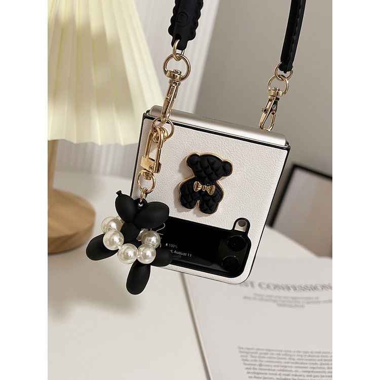 Samsung Galaxy Z Flip 5 4 3 zflip5 Flip3 Flip4 Thời Trang DIY Gấu Ngọc Trai Chó Mặt Dây Chuyền Di Động Dây Xích Tay Vòng Tay Da Pu Màu Trắng Vỏ Điện Thoại