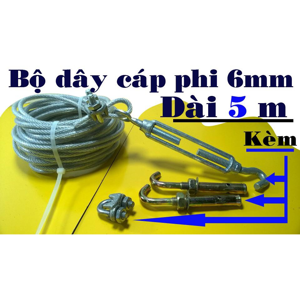 Dây phơi quần áo cáp bọc nhựa phi 6mm dài 5m + kèm 2 khoá cáp; 2 nở sắt móc 10mm; 01 tăng đơ