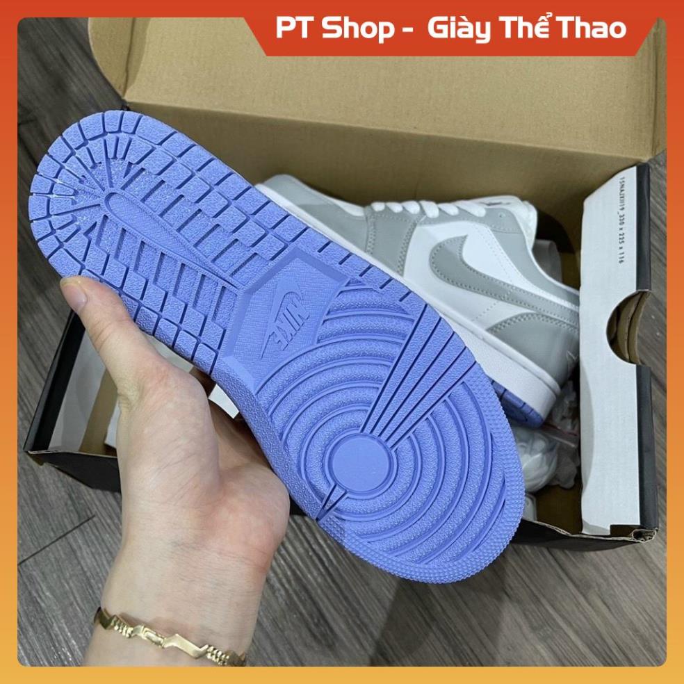 Giày Jordan xám trắng thấp cổ đủ phụ kiện , Giầy sneaker thể thao JD1 ghi đế tím