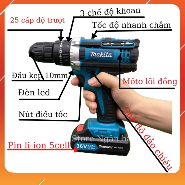 Máy Khoan Pin Makita 36v, Máy Bắn Vít 3 Chức Năng Lõi Đồng Có Búa, Pin 5cell - Tặng bộ phụ kiện 24 món - storenganha