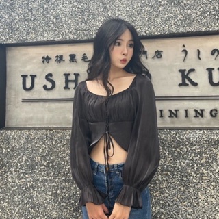 Lanie áo lụa organza đen buộc nơ xếp ly ngực clara organza top