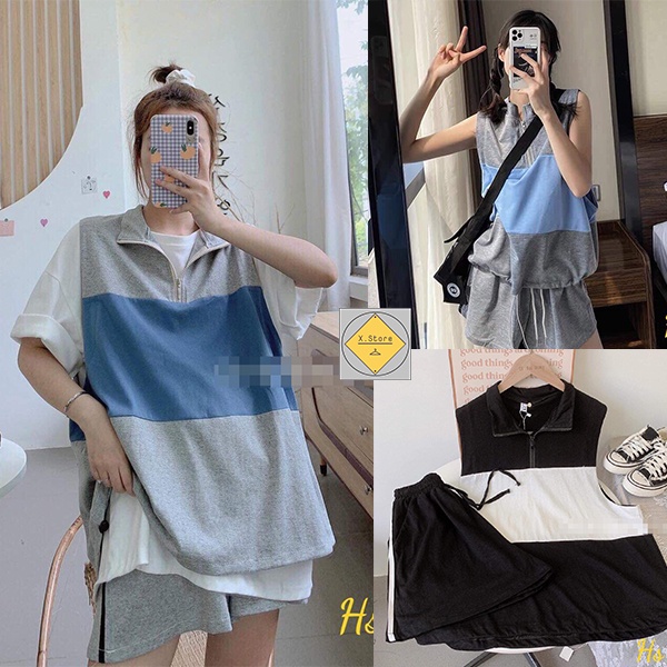 Set Bộ Đùi Khóa Cổ Phối Sọc Ngang 2 Màu Hot Trend 2022 Unisex X.Store Có Ảnh Thật + Video Tự Chụp 993