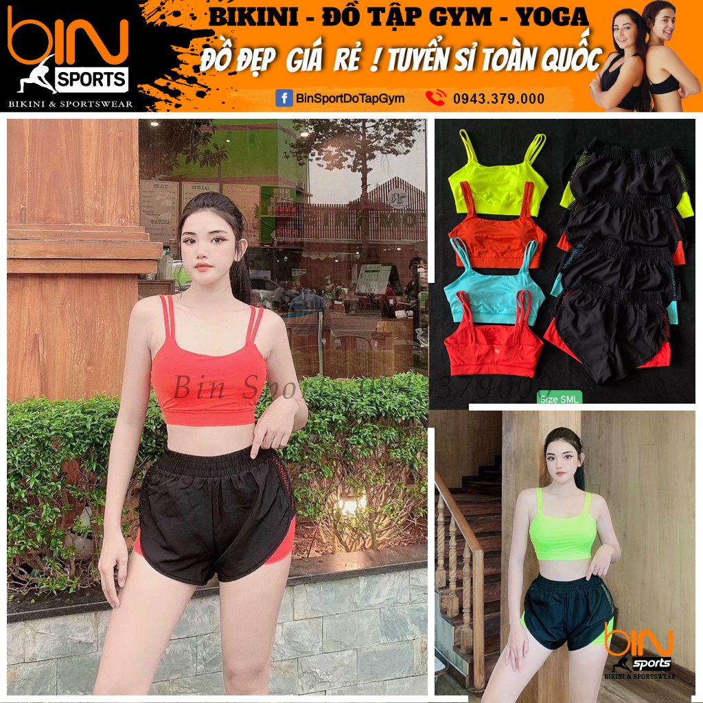 Đồ tập gym nữ, set bộ đùi thể thao áo bra kèm mút quần đùi 2 lớp Bin Sports BN065