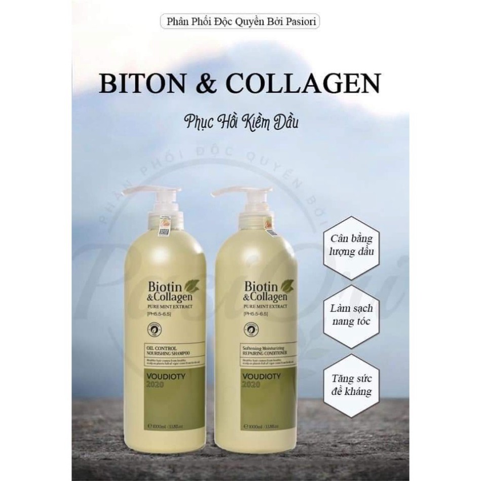 DẦU GỘI DẦU XẢ BIOTIN & COLLAGEN  VOUDIOTY CẶP 1000ML PHỤC HỒI KIỀM  DẦU - MẪU 2021 XANH LÁ