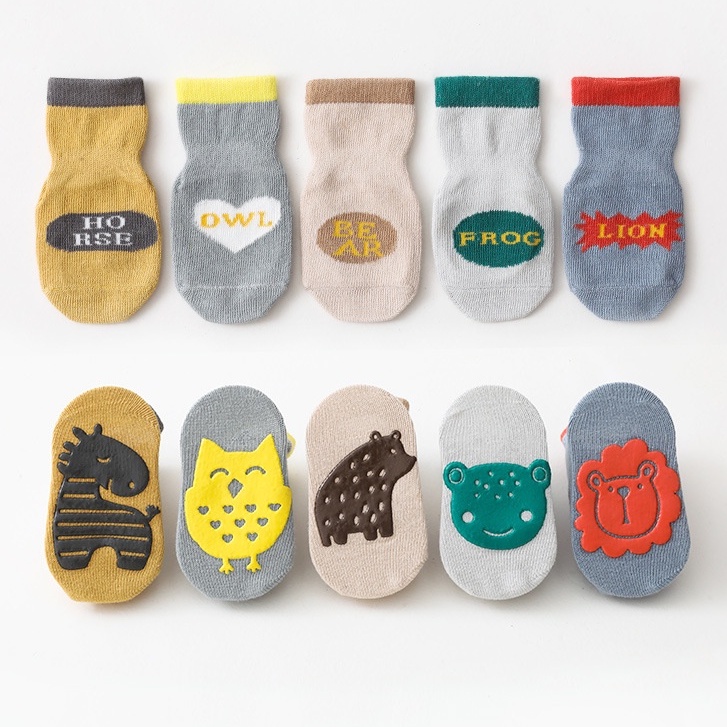 Combo 3 đôi tất vớ chống trơn cho bé Tập Đi Vải Cotton Đế Silicon Hoạt Hình ( 3-TAT Animals )