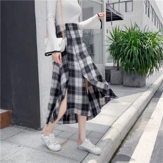 Chân Váy Len Dài Qua Gối Dáng Rộng Họa Tiết Sọc Caro Phong Cách Retro