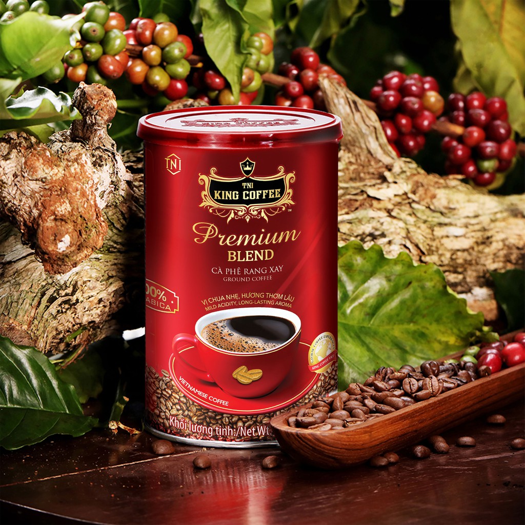 Cà Phê Arabica Rang Xay Premium Blend KING COFFEE nguyên chất 100% - Lon 450g Vị Chua Nhẹ và Hương Thơm Lâu - Pha Phin