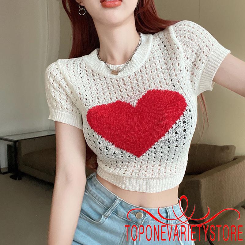 Áo Croptop Dệt Kim Tay Ngắn Cổ Tròn In Họa Tiết Trái Tim Màu Đỏ Phong Cách Đường Phố Cho Nữ