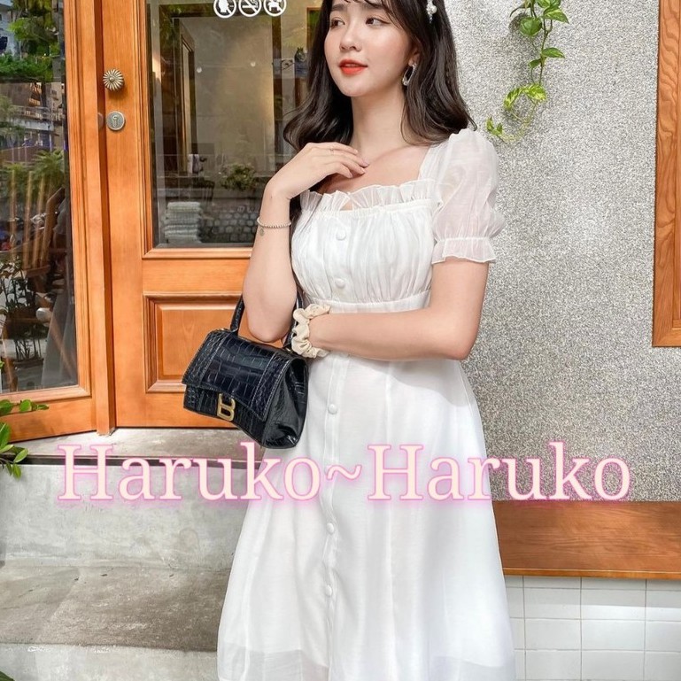 [Ảnh thật/Video] Đầm cổ vuông viền bèo, Đầm váy cúc bọc tay bồng - Haruko Closet