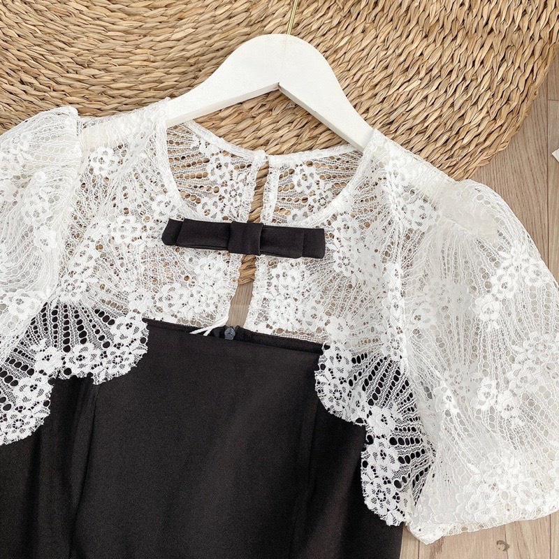 Đầm - Váy dáng chữ A phối ren cổ đính nơ tiểu thư