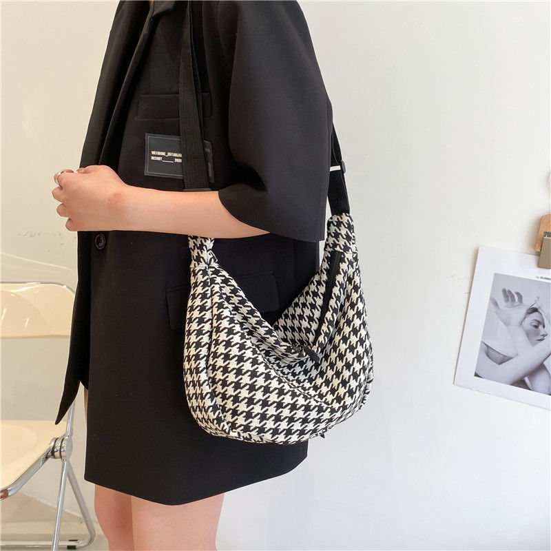Túi xách canvas đeo vai sức chứa lớn họa tiết sọc caro thời trang dành cho nữ