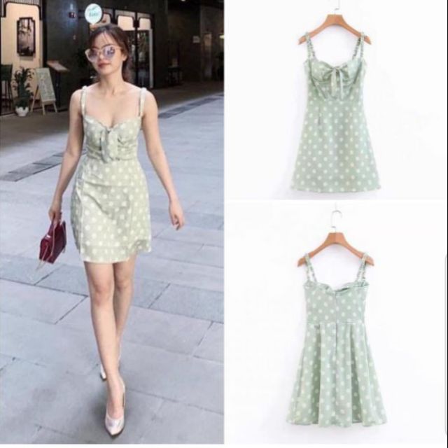 Đầm 2 dây chun xanh bi trắng XK7