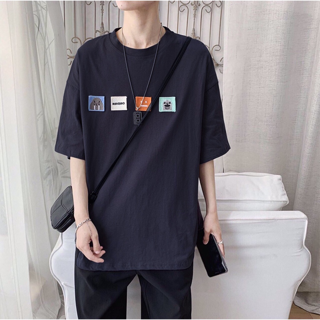 Áo phông nam nữ form rộng 2N Unisex thun cotton thêu 4 logo màu trắng/xanh/xám chì