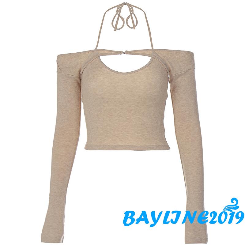 Áo croptop cotton cổ yếm dài tay chất mỏng màu trơn cho nữ