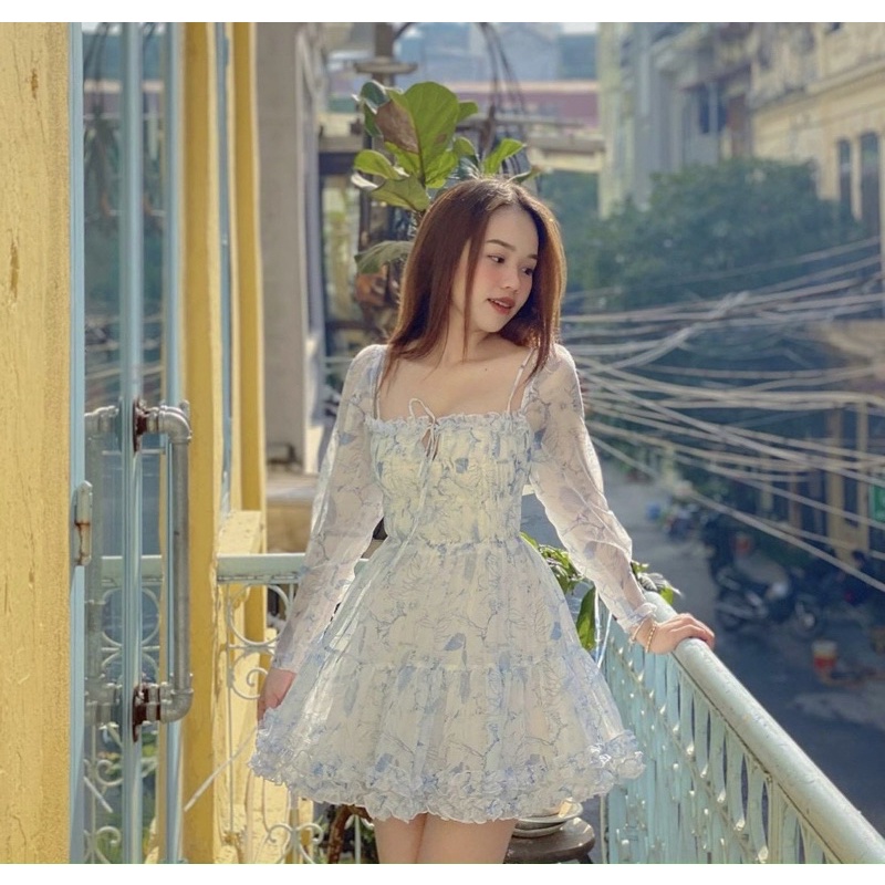 Đầm Hoa Xanh Bo Thun Ngực Thắt Nơ 🦋FREESHIP🦋