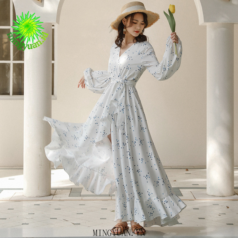 ( Mingyuan ) New V-neck white print long irregular dress