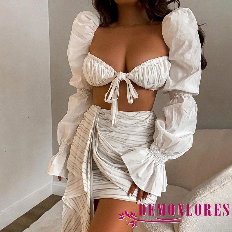 Áo Croptop Ôm Dáng Tay Dài Phồng Cổ Khoét Sâu Màu Trơn Gợi Cảm Cho Nữ